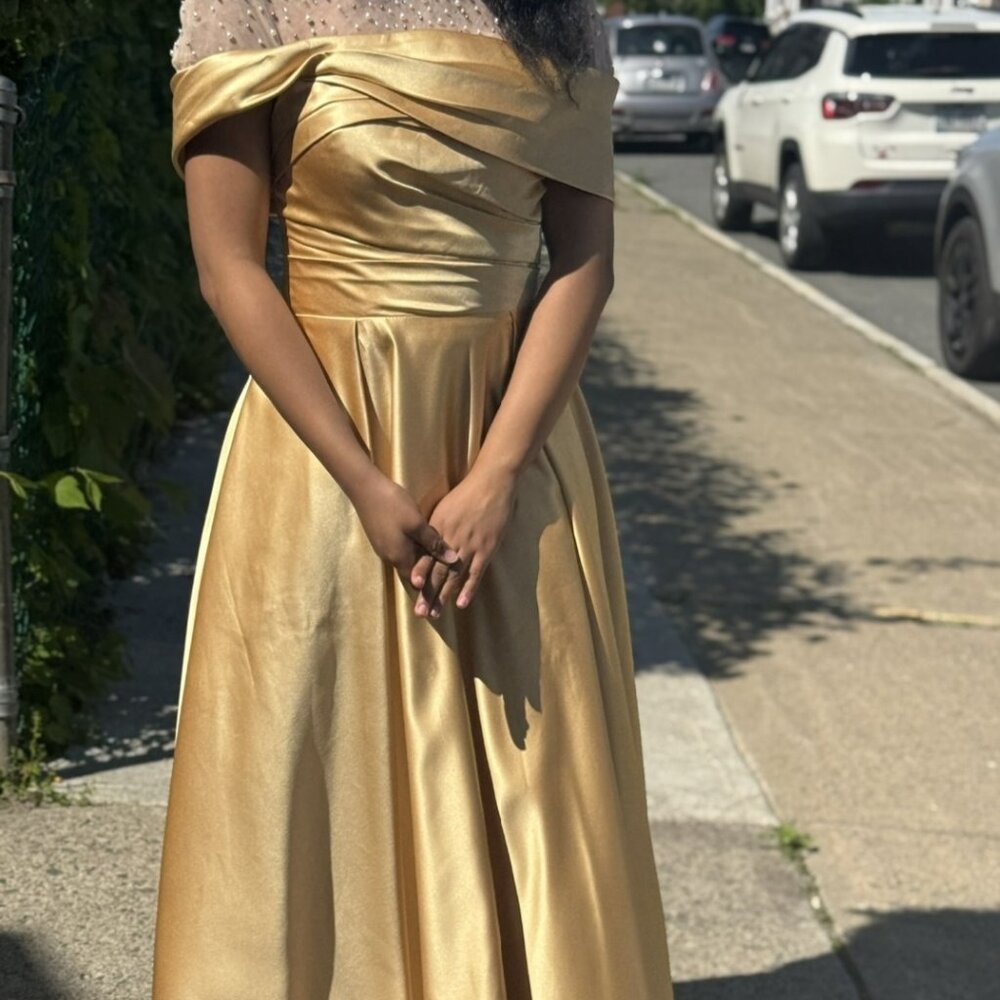 Gold A-Line Formal Gown Floor Length Illusion Neck Short Sleeve Medium Prom Gala